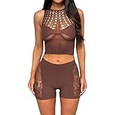 AVZXSA Womens Sexy 2 Piece Outfits Summer Sets, Sleeveless Cutout Crop Top & High Waist Shorts Set for Rave, Club or Casual