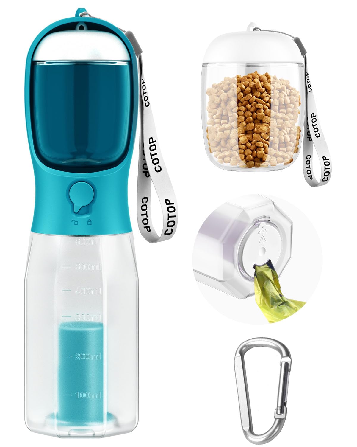 Photo 1 of 20oz Dog Water Bottle with Food Container & Poop Bag Dispenser | Leak-Proof Portable Pet Water Dispenser with Carabiner Clip | for Walking, Hiking, Travel (Cyan, 20oz)