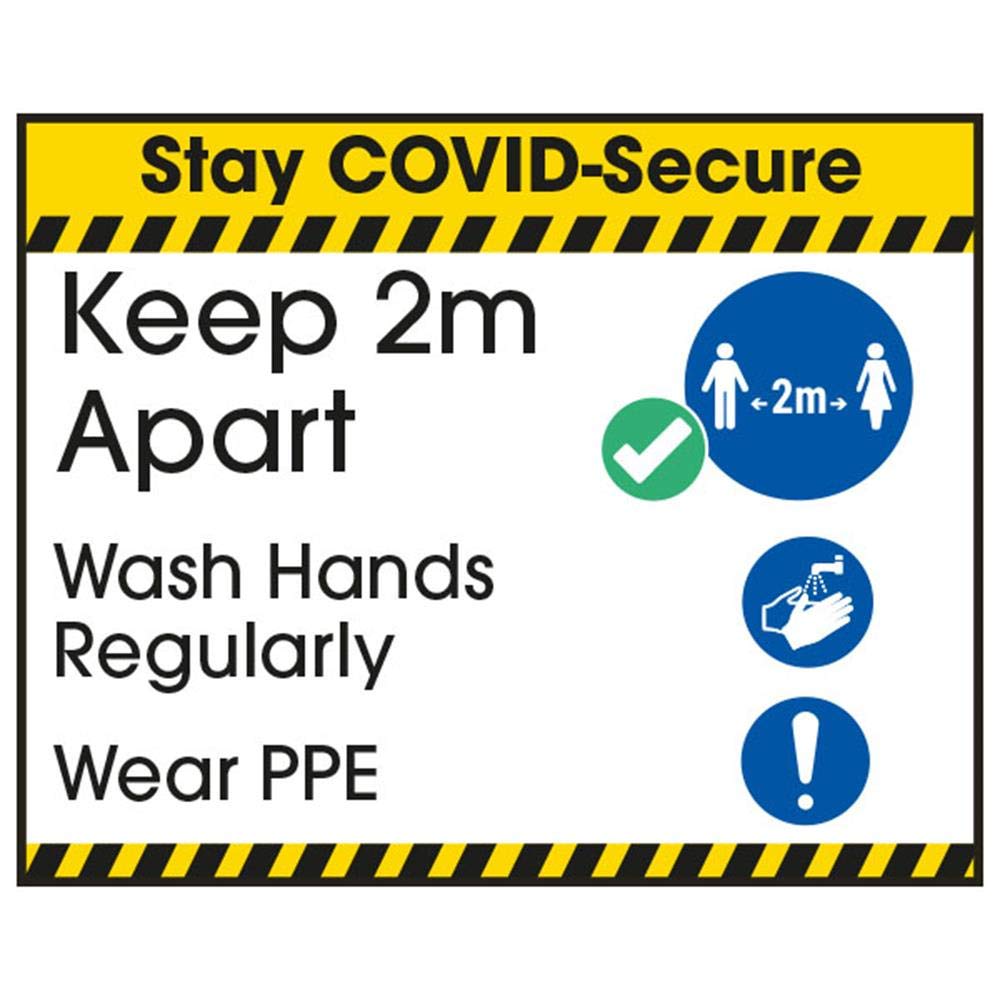Vsafety COVID-Secure Sticker - 2m Apart/Wash/PPE - 100mm x 80mm - Self Adhesive Vinyl