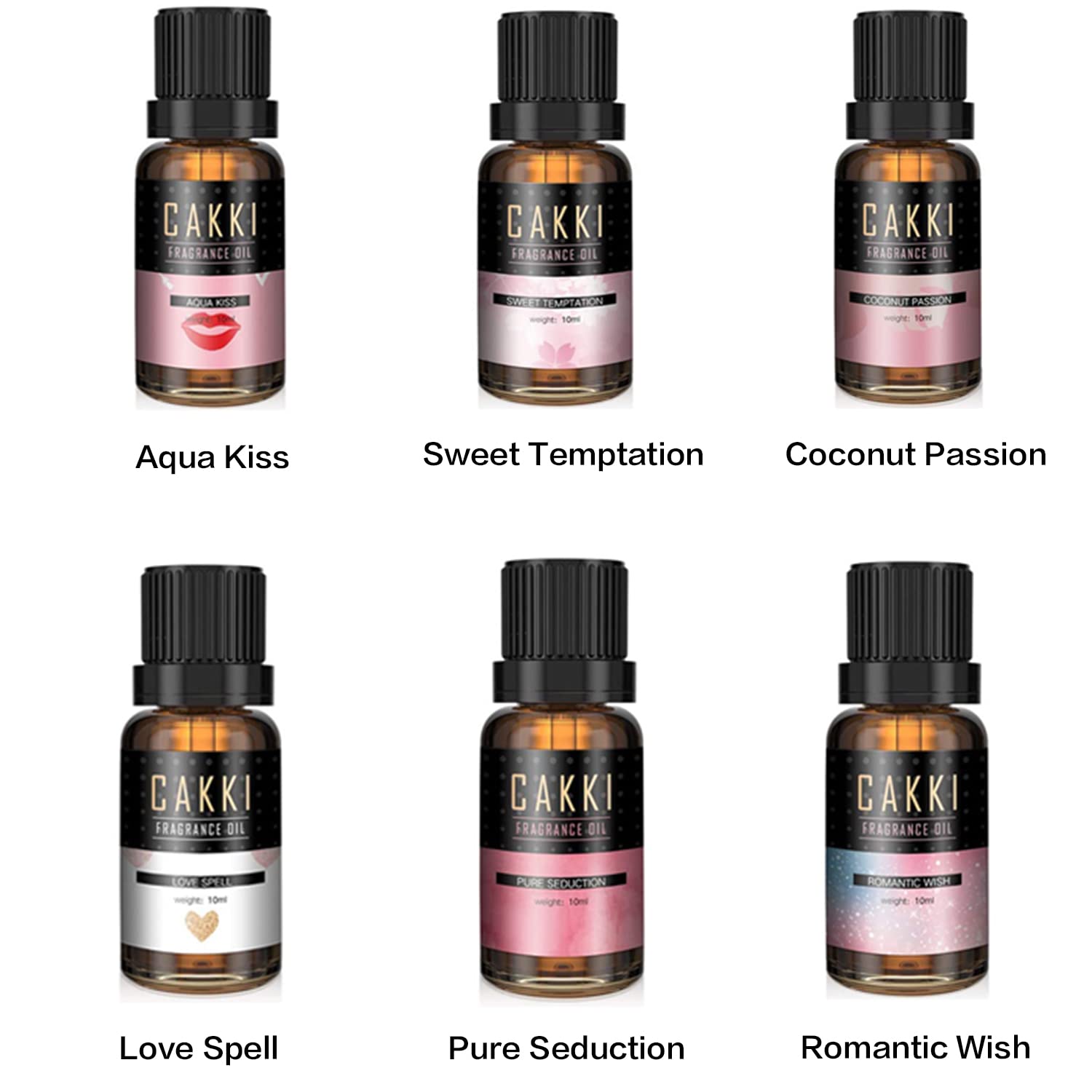 Essential Oils Set for Diffusers for Home, CAKKI Fragrance Oils Gift Set, 6X10ml Pure Aromatherapy Oils,with Pure Seduction, Love Spell,Coconut Passion, Aqua Kiss, for Candles Making