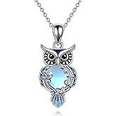 LUHE Moonstone Owl Necklace Gifts Sterling Silver Filigree Owl Pendant Necklace Christmas Jewelry for Women Girls