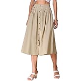Allegra K Cotton Midi Skirt for Women's Summer Casual Button Decor Elastic Waist A-Line Skirts with Pocket
