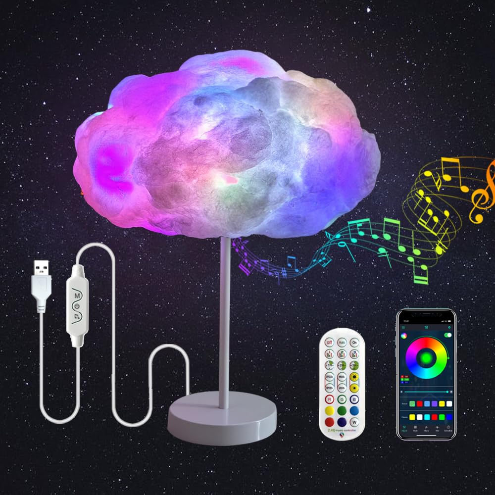 3D Cloud Lightning Table Lamp Night Light Desk Light Kit Music Sync Multicolor Changing Strip Lights Wireless Remote APP NO DIY NO Cotton Wadding Coolest Decorations for Adults Kids Home Bedroom