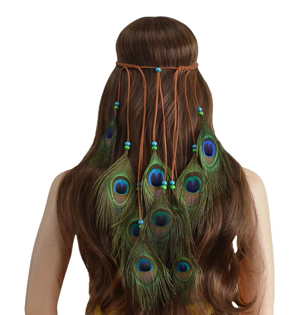 Repuhand Girls Lady Bohemian Peacock Feather Headband Hippie Headpiece Handmade Tribal Indian Fascinator Feather Hairband Headdress Hair Accessories