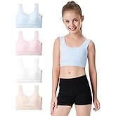BOOPH Girls Training Bras Kids Bra Longline Crop Fixed Pads Underwear for Teen Girl Sports 9-14Y 4 Packs
