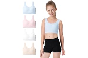 BOOPH Girls Training Bras Kids Seamless Bra Longline Crop Fixed Pads Underwear for Teen Girl Sports 9-14Y 4 Packs