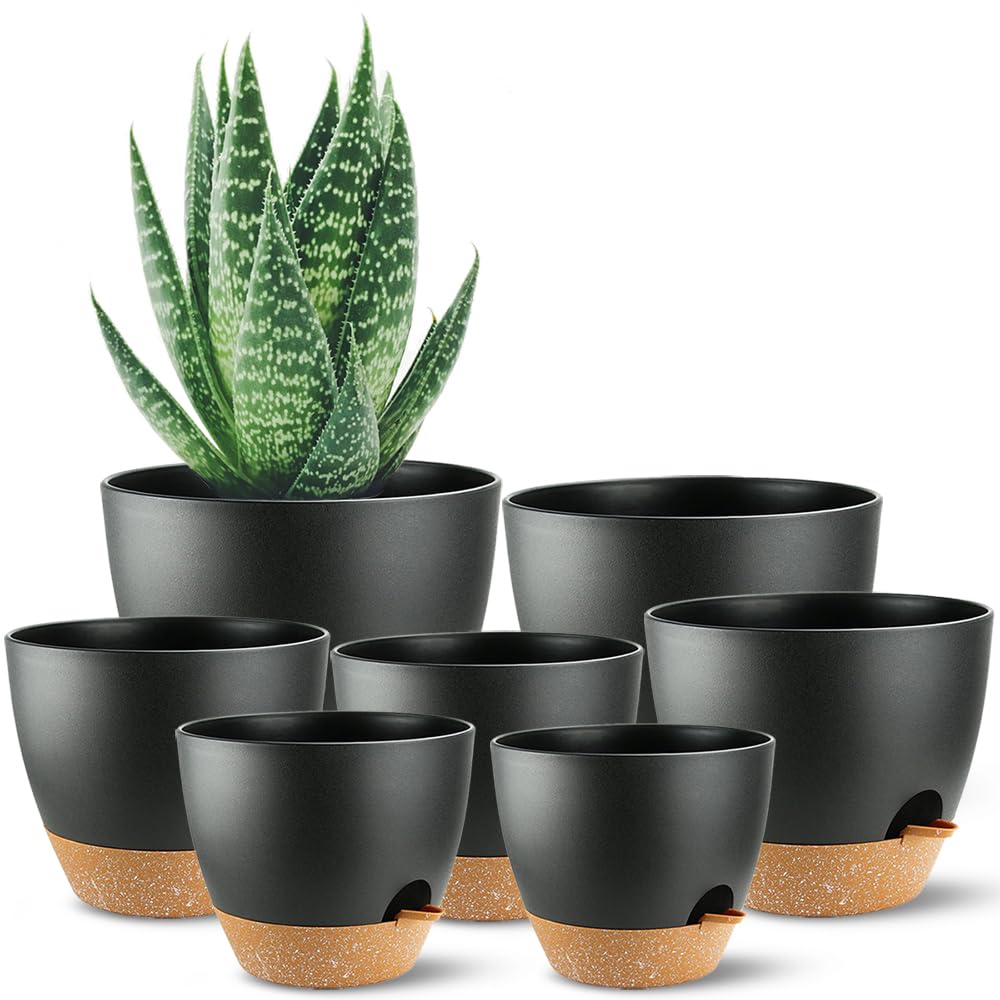SUN-E 7pcs/Set Self Watering Plant Pots for Lazy People, 8/7.57/6.5/6/5.5/5 Inch,Black Plastic Self Watering Planter for All Houseplants,Succulent, African Violets, Flowers and Cactus