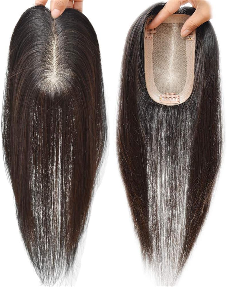 FCXBQ Crown Topper Hairpieces for Thinning Hair, 5.5"x3" Silk Base Clip on Human Hair Toppers for Women with Free Parting, 14"