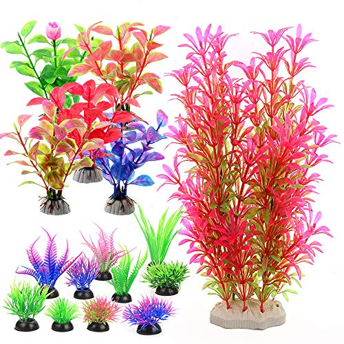 KIBUN 16 Piece Set Aquarium Decor Fish Tank Decoration Ornament Artificial Purple/Navy/Green/Red Plastic Plant (16 Piece Type I)