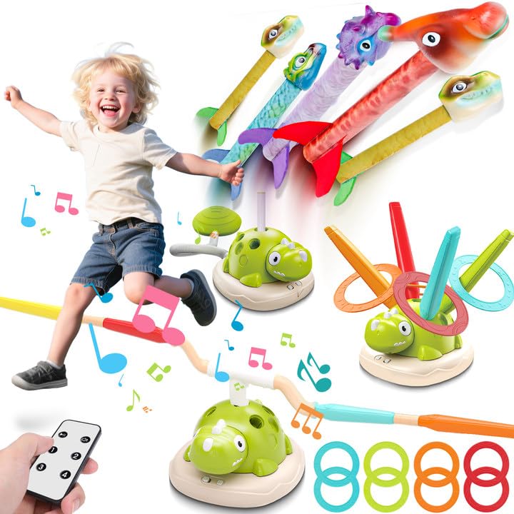 Photo 1 of 3 in 1 Dinosaur Rocket Launcher Musical Jump Toss Ring Game and Stomping Toys for Kids Outdoor with Remote Control, Indoor Outside Toy for Boys Girls 3-13 Toys for Ages 5 6 7 8 9 10 11 Birthday Gifts