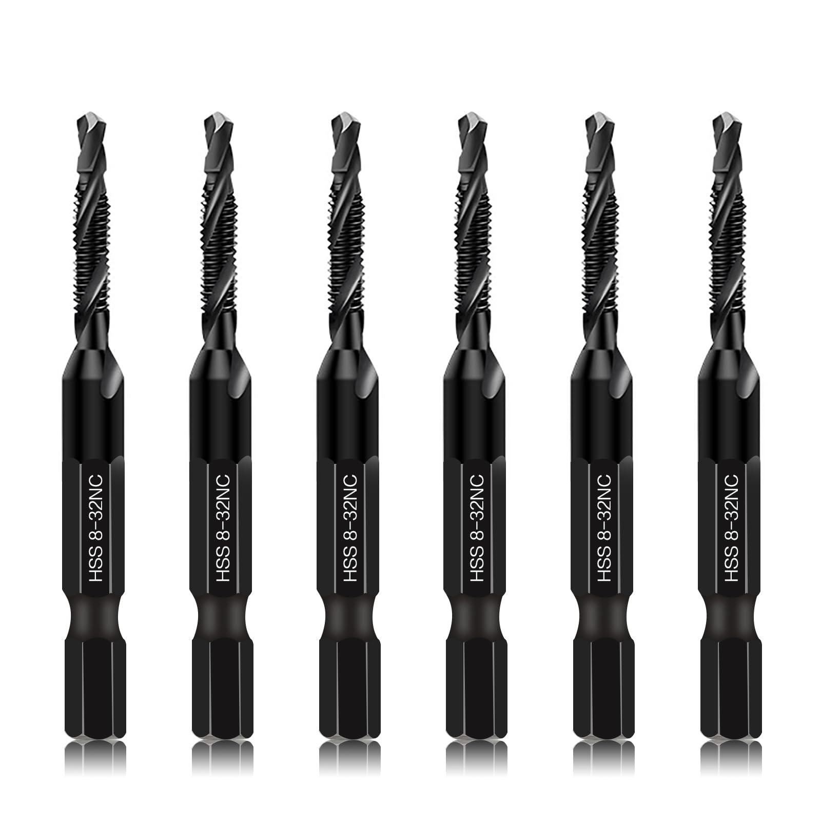 Photo 1 of 6-Piece 8-32NC Combination Drill Tap Countersink Bit Set SAE, Made of High-Speed Steel with Anti-Rust Blackened Coating, Ideal for Soft Metal, Wood & Plastic, 8-32NC Thread Size, 1/4” Hex Shank
