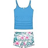 Mirawise Gilrs Swimsuit Tankini 2 Piece Bathing Suit V-Neck Cutout Tropical Print Swimwear for Teen Girls for 6-13Y