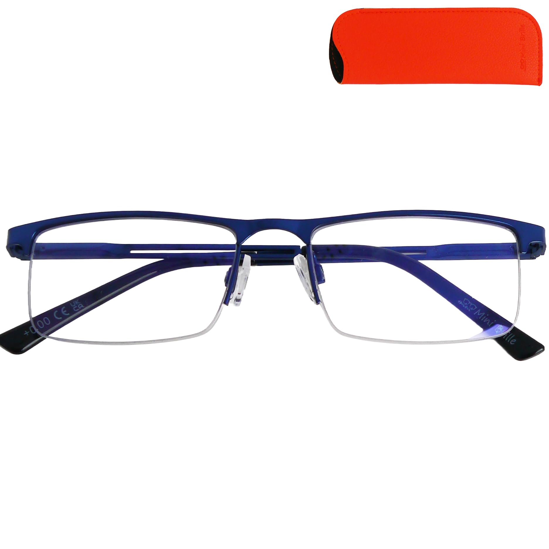 Mini Brille - Classic Metal Blue Light Blocking Reading Glasses, Half Frame (Blue) and Rectangle Lenses, Case included, Women and Men Anti Blue Light Filter +2.50 Magnification