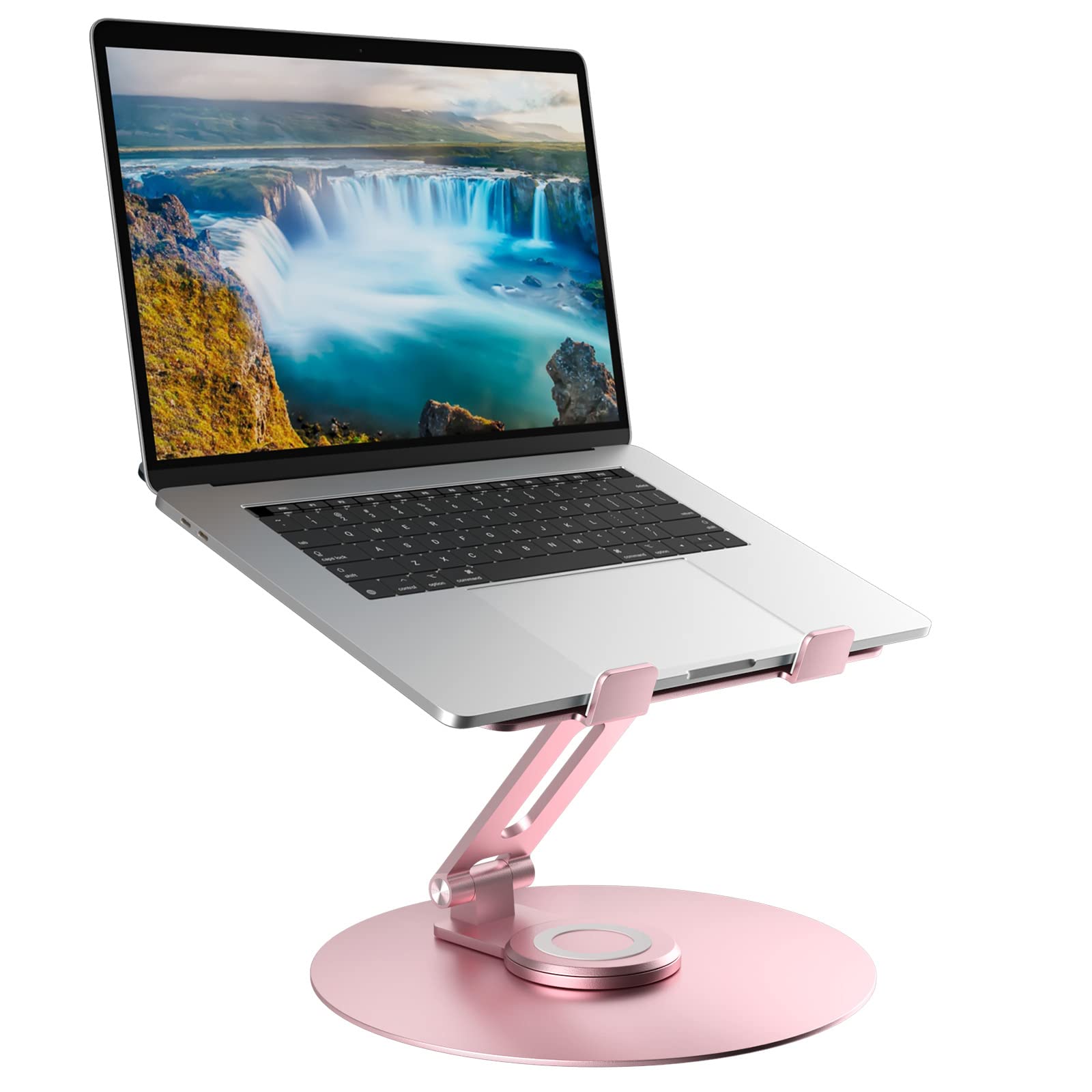 Swivel Laptop Stand for Desk, Adjustable Height Aluminum Computer Stand with 360 Rotating Base, Foldable Ergonomic Riser, Portable Laptop Holder Compatible with MacBook, All Laptops 10-17'',Pink