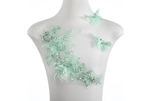 FixrWre Flower Pearl Fabric Rhinestones Beaded Lace Applique,3D Butterfly Embroidered Lace Patch for Clothes,Dress (Green)