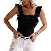 Womens Cute Sleeveless Tank Tops Ruffle Strap Square Neck Blouse Solid Color Knitted Camisole
