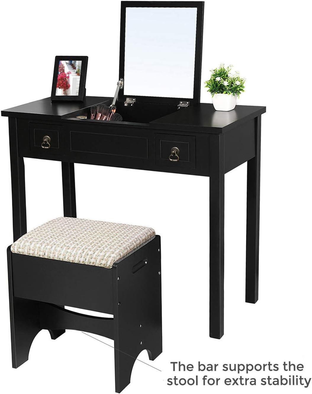 VASAGLE Vanity Set with Flip Top Mirror Makeup Dressing Table Writing Desk with 2 Drawers Cushioned Stool 3 Removable Organizers Easy Assembly, Black: Home & Kitchen