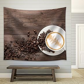 Coffee Cup and Coffee Beans on Wooden Background. Top View. - Fabric Wall Tapestry Home Decor - 51x60 inches