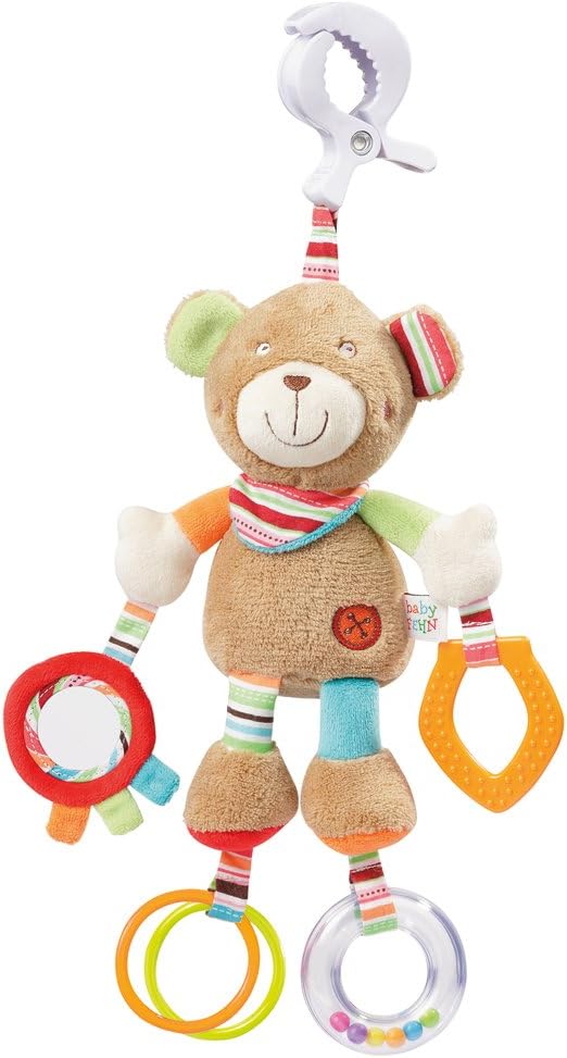 Fehn 091878 Activity-Spieltier Teddy – Motorikspielzeug zum Aufhängen mit Spiegel & Ringen zum Beißen, Greifen und Geräusche erzeugen – Für Babys und Kleinkinder ab 0+ Monaten