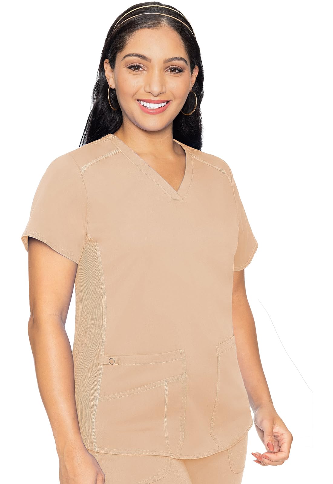 Med Couture V-Neck Scrub Top for Women with 4 Pockets, Rib-Knit Side Panel, and Shirttail Hem MC7459, Apricot Sorbet, X-Small Image