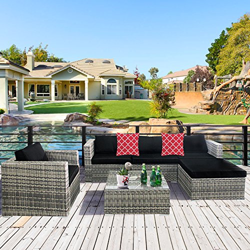 Cloud Mountain 6 Piece Rattan Wicker Furniture Set Outdoor Patio Garden Sectional Sofa Set Cushi ...