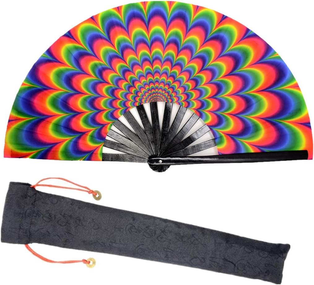 Lysa Large Rave Folding Fan for Men/Women-Chinese/Japanese Bamboo and Nylon-Cloth Folding Hand Fan for Electronic Dance Music Festival Party,Dancing,Decorations, Gift (Colourful-03)