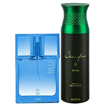 Ajmal Blu Femme EDP Floral Woody Perfume 50ml for Women and Sacrifice II for Him Deodorant Fruity Aromatic Fragrance 200ml for Men+ 2 Parfum Testers FREE