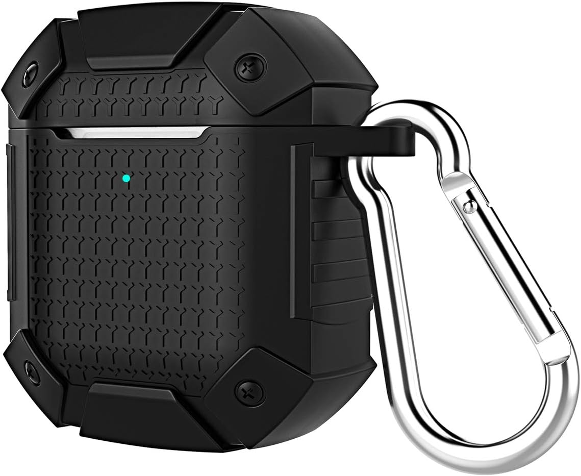 Rugged Case for Airpods Wireless Charging Case,Solomo Luxury Heavy Duty Armor Defender Shockproof Protective Silicone Cover & Anti Slip Skin with Keychain for Apple Airpods 2 Wireless Cases (S2-Black)