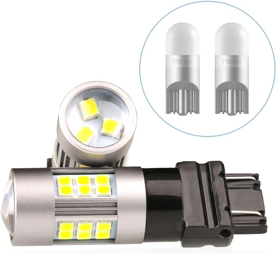 Brake Light 3157 LED Bulb Reverse Parking Rear And Side Marker Tail Light Super Bright Easy to Install Fit P27/5W Bulb White with Projector 4.8W Low Power 10-30V Pack Of 2 (3157) and 2 Free T10