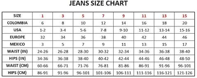 colombian jeans size chart