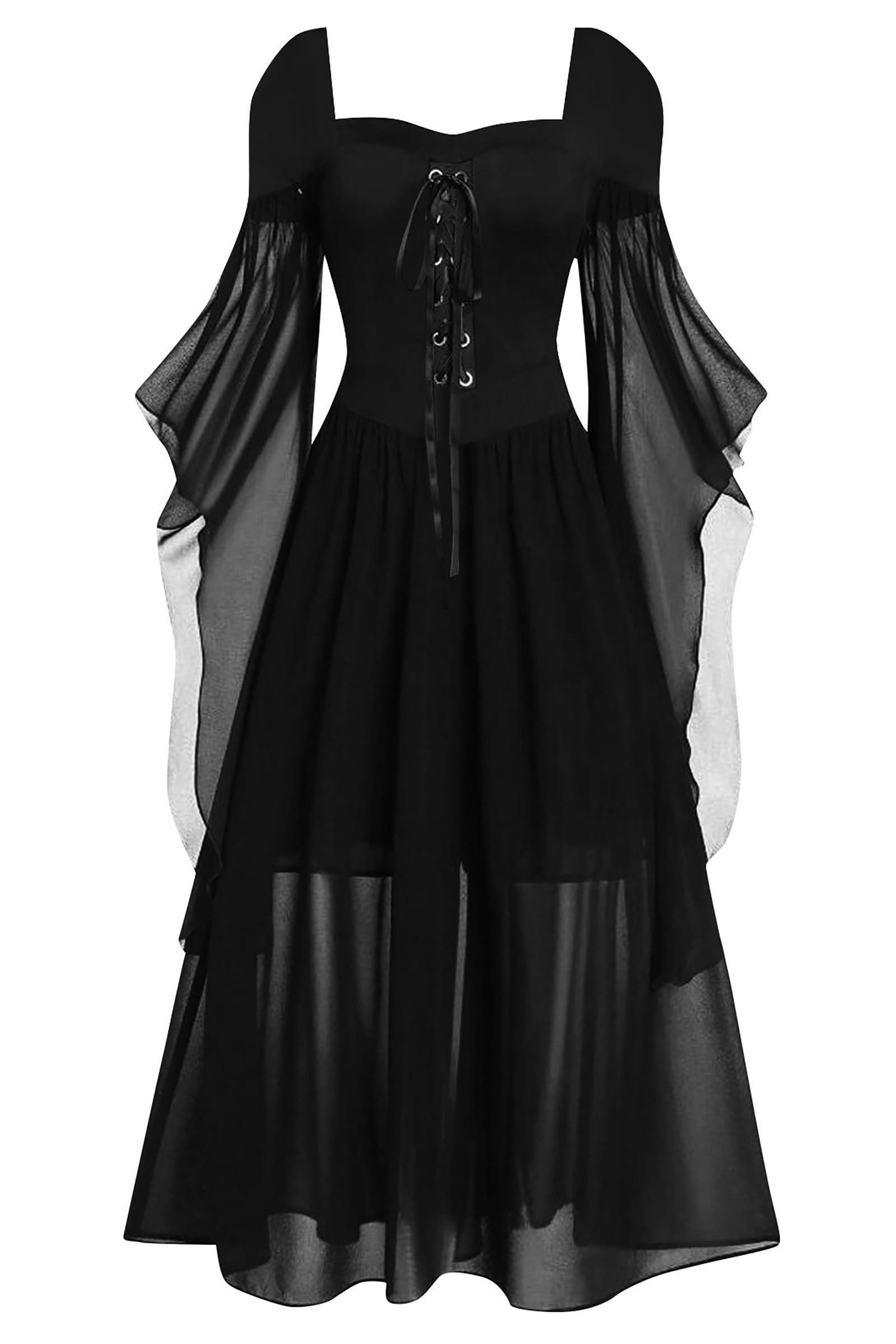 Photo 1 of FEAPHY Women's Gothic Dress Vintage Chiffon Cold Shoulder Flare Sleeve High Low Dress (Puff Sleeve-Black, S)