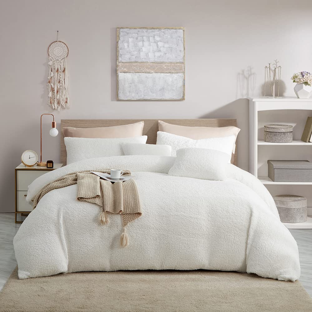 Photo 1 of CinYana Sherpa Fleece Duvet Cover Set 5 Piece Double-Sided Luxurious Plush Comforter Covers Set Super Soft Reversible Fuzzy Plush Warm Bedding Sets (White, Queen)