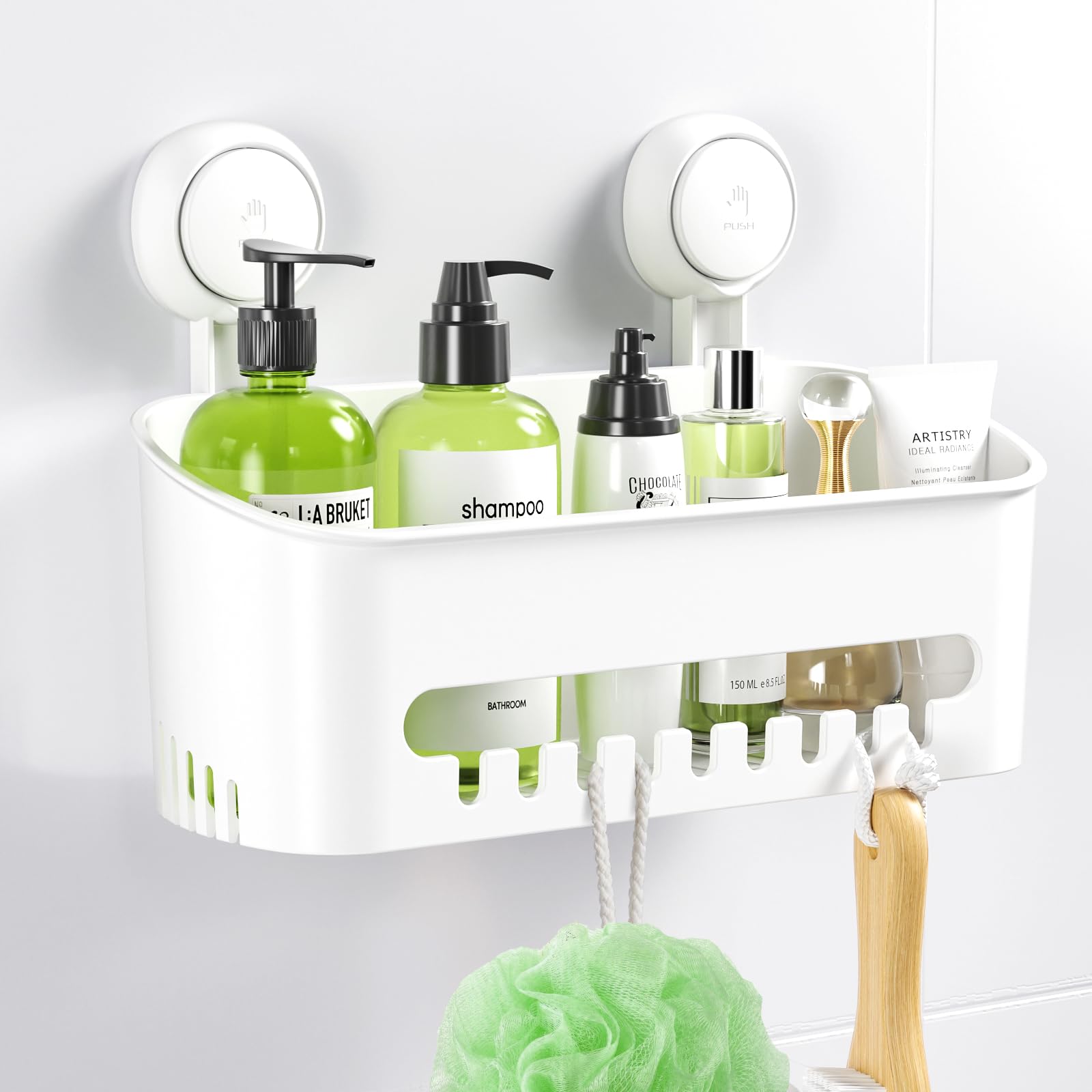 Ulinek Shower Shelf Suction Cup Without Drilling, Reusable Removable Hanging Shower Caddy Holder, Wall Mounted Storage Basket 10 kg Plastic for Bathroom Shower, White