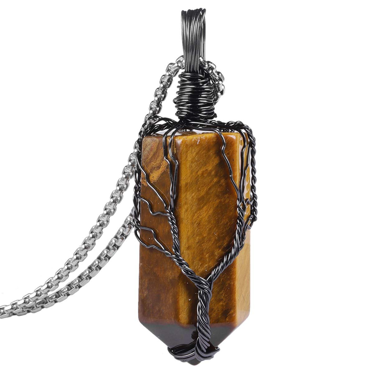 Nupuyai Collar con colgante de piedra de ojo de tigre con punta de cristal hexagonal envuelto en alambre hecho a mano para mujeres y hombres