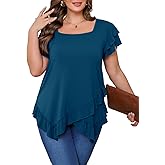 Beauhuty Womens Plus Size Shirts Square Neck Loose Tops Ruffled Hem Tunic Casual Flowy Dressy Blouses Ruffle Short Sleeves
