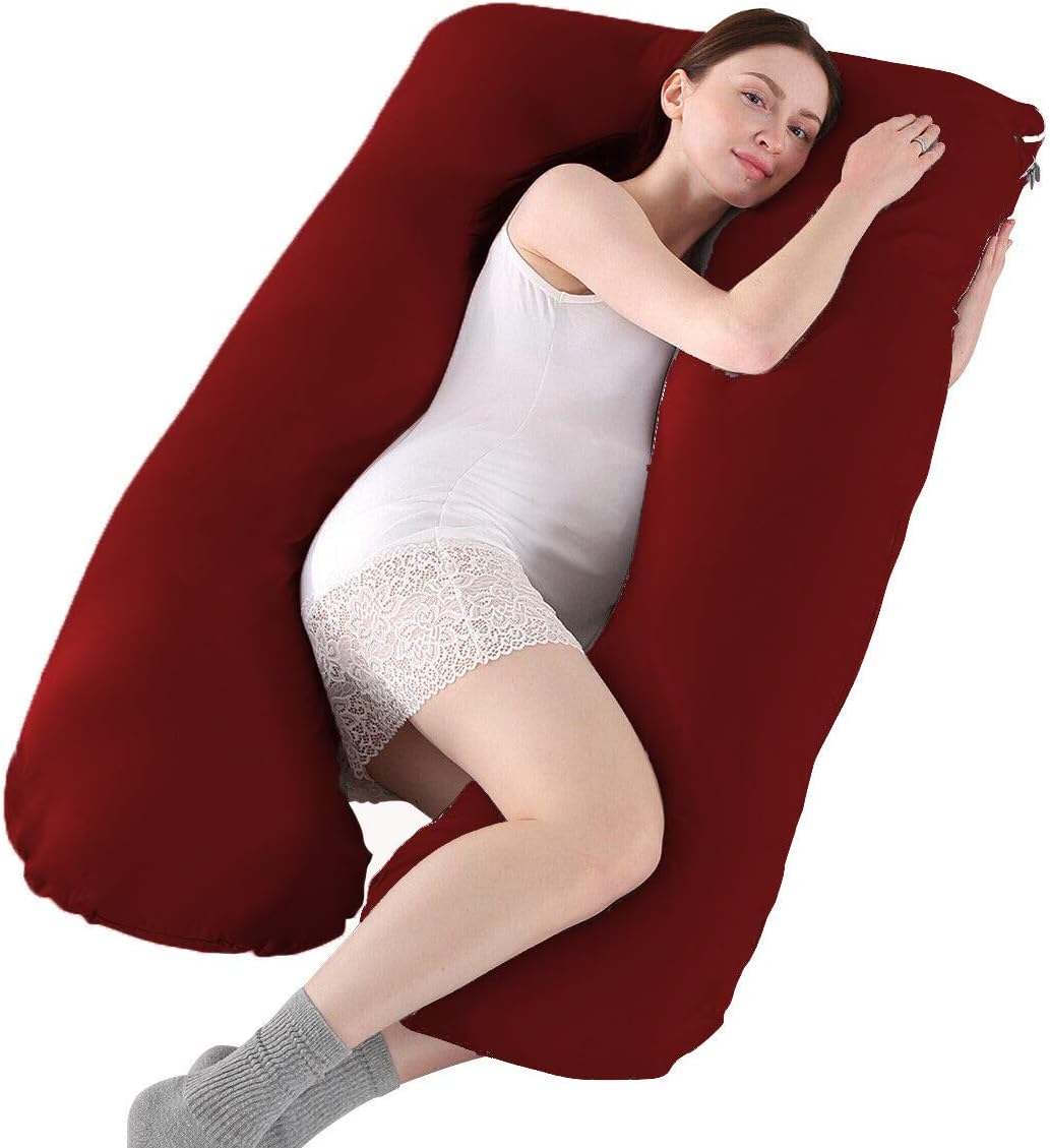 Angel MommyPremium Pregnant Women's Pillow - U Shaped Pillow/Body Pillow/Lumbar Pillow/Maternity Pillow with Cotton Zippered Cover - Maroon