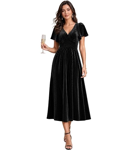 velvet formal dress short Ever-Pretty Plus Women's V Neck Sleeves A Line Plus Size Cocktail Wedding Guest Dresses for Curvy Women Black US14 : Clothing, Shoes & Jewelry RS-09.01.26