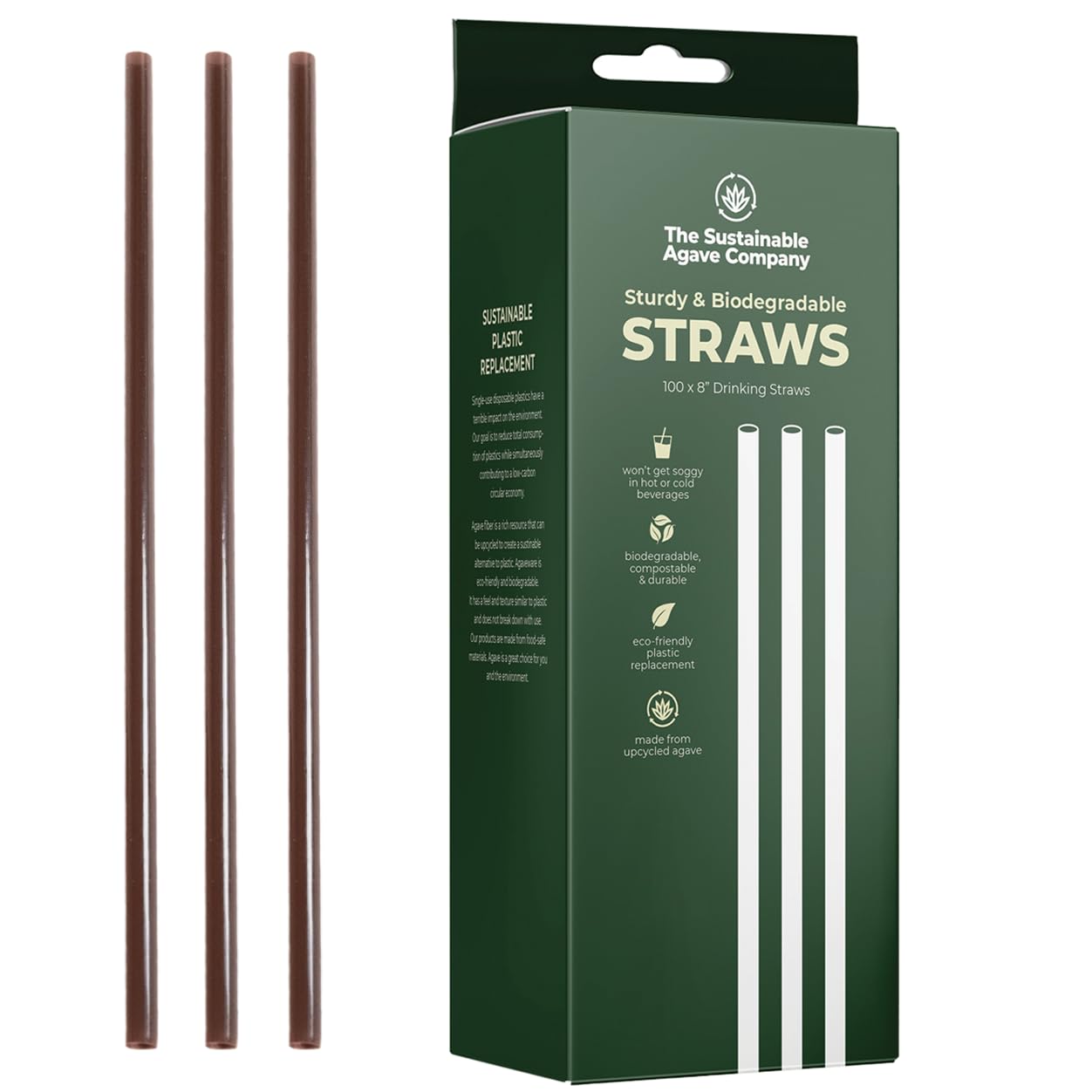 Sustainable Agave Co - Agave Fiber Unwrapped Drinking Straws - 100 Count - Biodegradable, Plant-Based, Made With Upcycled Materials, Reusable - Brown, Regular, 8"