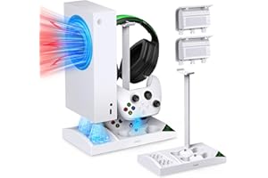 AUARTE Charging Stand for Xbox Series S Console,Powerful Cooling Fan Dual Wireless Controller Charger Station Dock with 2 x 1400mAh Rechargeable Batteries Packs,Headset Holder for Xbox Series S,White
