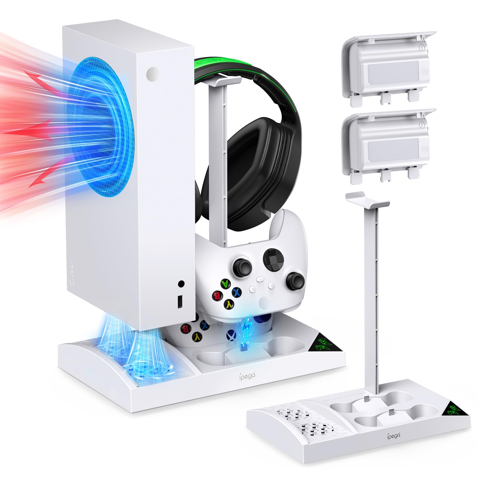 Charging Stand for Xbox Series S Console,Powerful Cooling Fan Dual Wireless Controller Charger Station Dock with 2 x 1400mAh Rechargeable Batteries Packs,Headset Holder for Xbox Series S,White