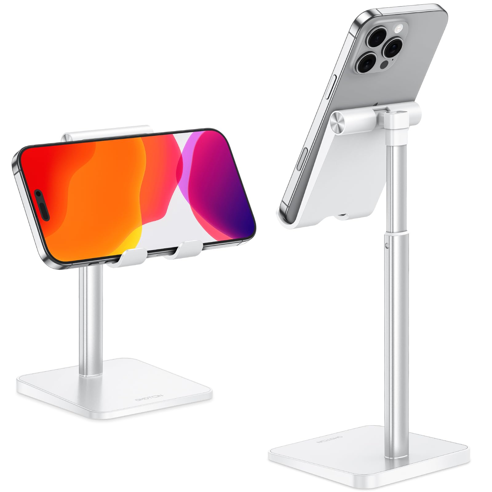 OMOTON Phone Stand, Angle Height Adjustable Vertical Desktop Mobile Phone Stand, Holder, Compatible with iPhone 17 16 15 14 13 Pro Max Air and All Smartphones (Up to 7 In)-White