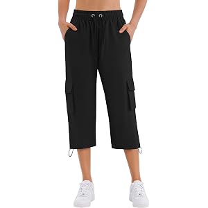COPYLEAF Capris for Women with Pockets Water Proof Hiking Cargo Pants | 6 Pockets,Elastic Waistband with Drawstring,Lightweig