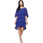 S.L. Fashions Womens Tiered Chiffon Cocktail Party Dress with Attached Cape & Beaded Shoulders (Petite and Regular Sizes)