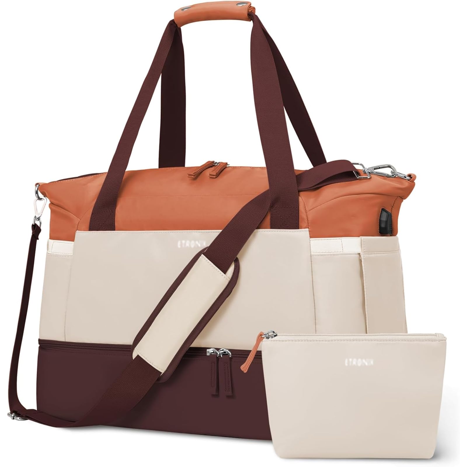 ETRONIK Gym Bag for Women, Travel Duffel Bag with USB Charging Port, Weekender Overnight Bag with Wet Pocket and Shoes Compartment for Women, Travel, Gym, Yoga (Brown/Khaki/Orange) Image ETRONIK Gym Bag for Women, Travel Duffel Bag with USB Charging Port, Weekender Overnight Bag with Wet Pocket and Shoes Compartment for Women, Travel, Gym, Yoga (Brown/Khaki/Orange) Image