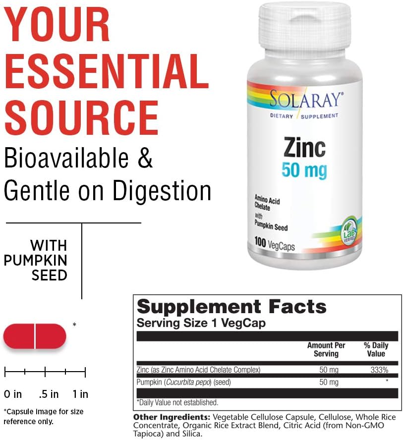 Solaray Zinc 50 mg Amino Acid Chelate | Bioavailable Chelated Complex for Immune System & Cellular Health Support | with Pumpkin Seeds | 100 VegCaps: Health & Personal Care
