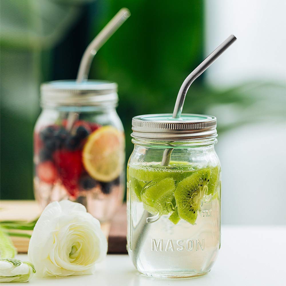 J.CARP Reusable Drinking Straws Kit(44 in 1), Including 16 Stainless Steel Straws, 4 Cleaning Brushes and 24 Soft Silicone Tips, Silver