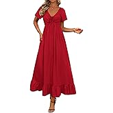 BTFBM Womens Spring Dresses 2026 Casual Short Sleeve V Neck Drawstring Wedding Guest Maxi Dresses Boho Beach Long Dress