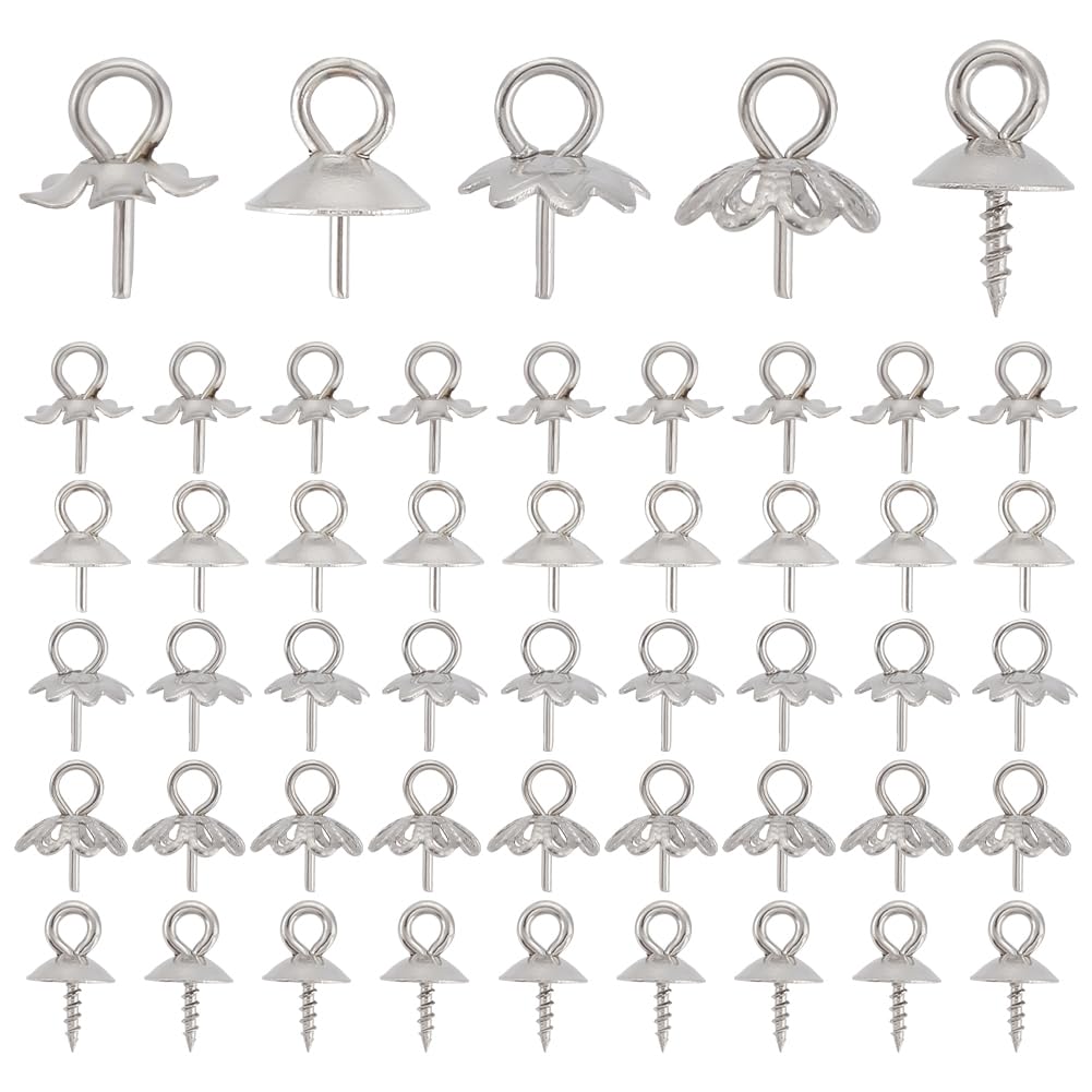 UNICRAFTALE about 100Pcs 5 Style Stainless Steel Eye Pin Cup Peg Bails Pendants Flower Bead Caps Small Screw Cup Pearl Bails for Half Drilled Beads Charms Jewelry Making