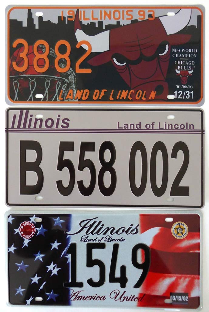 OPO 10 - Set of 3 metal USA car LICENSE PLATES - replicas of real ILLINOIS American plates