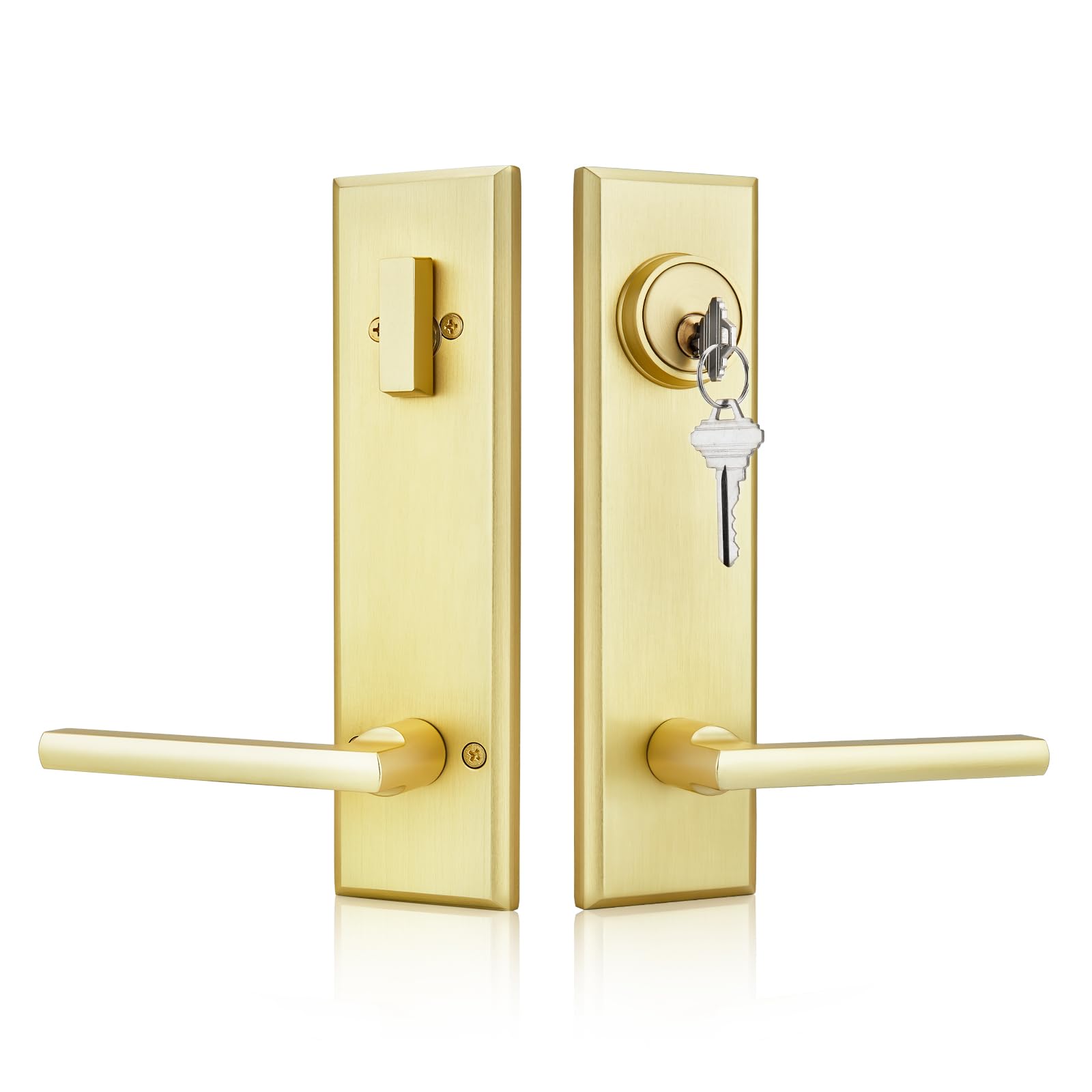 Photo 1 of Haidms Gold Front Door Handle - Entry Door Lever and Deadbolt Set, Modern Brushed Gold Exterior Door Lock Set, Square Front Door Handles